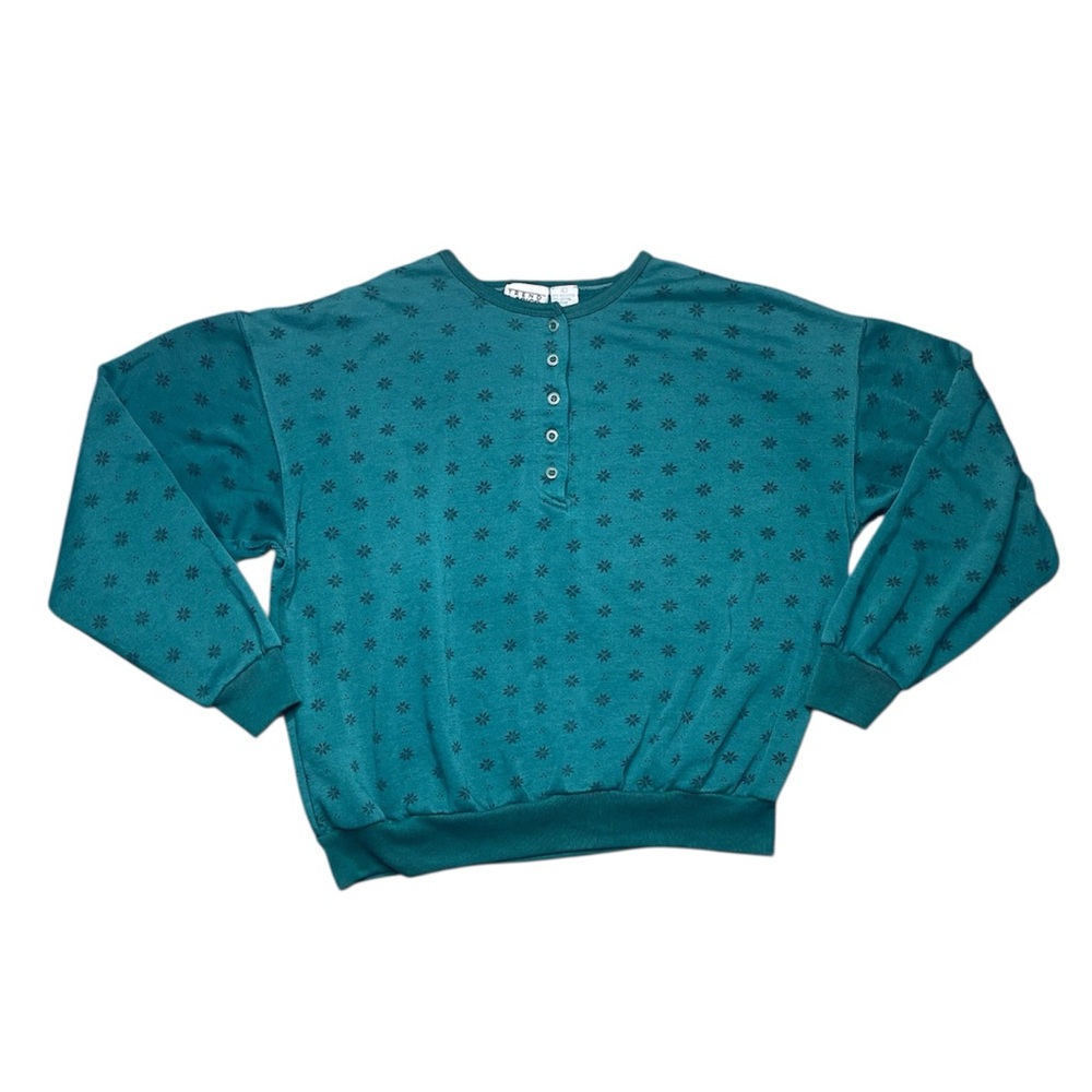 Vintage Trend Basics 80s-90s green snowflake quarter button crewneck sweater L